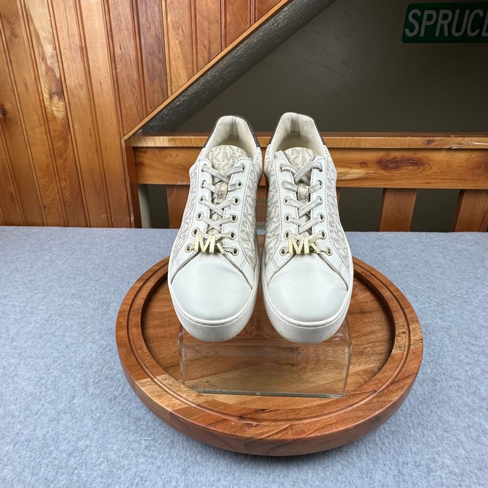 Michael Kors Poppy Platform Sneakers Cream Gold Logo Lace Up Shoes Women 8.5 - Picture 2 of 10